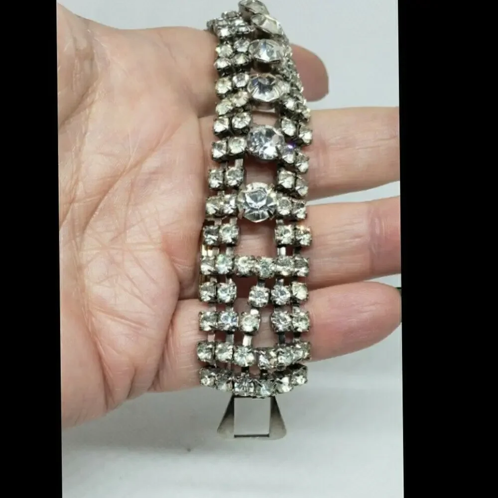 Vintage Bracelet Clear Rhinestone Chunky Wide Wedding Jewelry Juliana